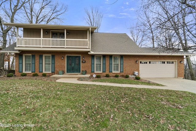 front of property featuring a balcony, a garage, brick siding, and driveway