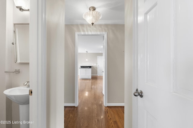 corridor featuring a sink, baseboards, wood finished floors, and crown molding