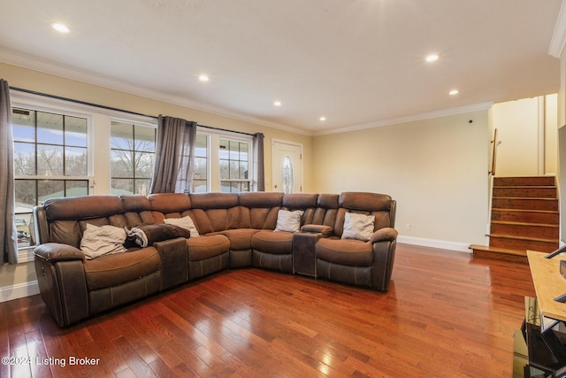 living room with ornamental molding, stairway, and dark wood-style flooring