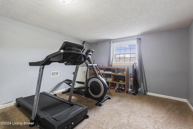 workout area featuring a textured ceiling, baseboards, and carpet flooring