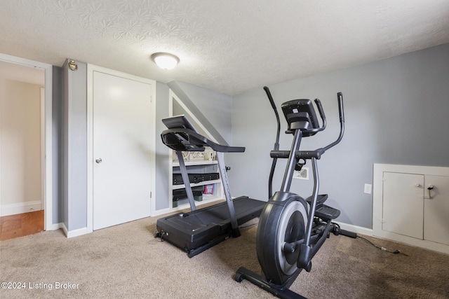 workout room featuring carpet floors, baseboards, and a textured ceiling