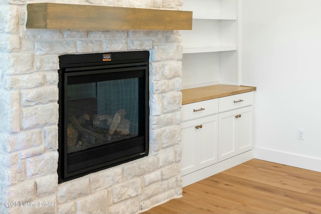 room details with baseboards, wood finished floors, and a fireplace