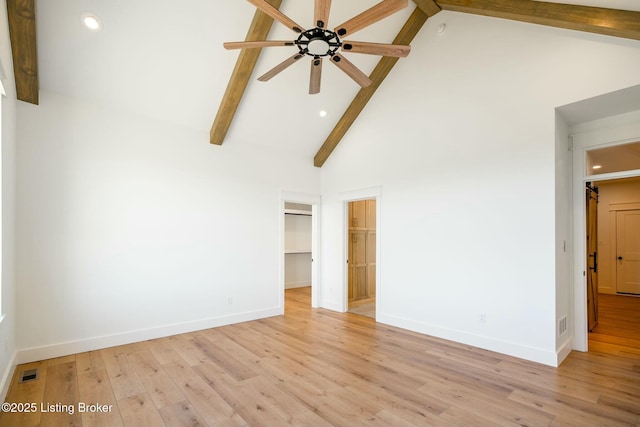 unfurnished bedroom featuring beamed ceiling, high vaulted ceiling, visible vents, and light wood-style flooring