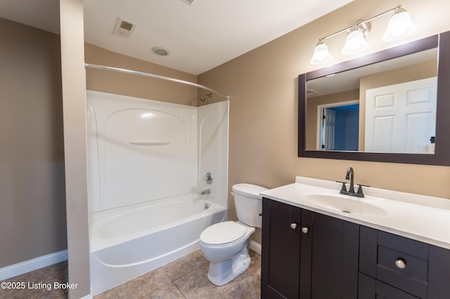 full bathroom featuring bathtub / shower combination, toilet, visible vents, vanity, and baseboards