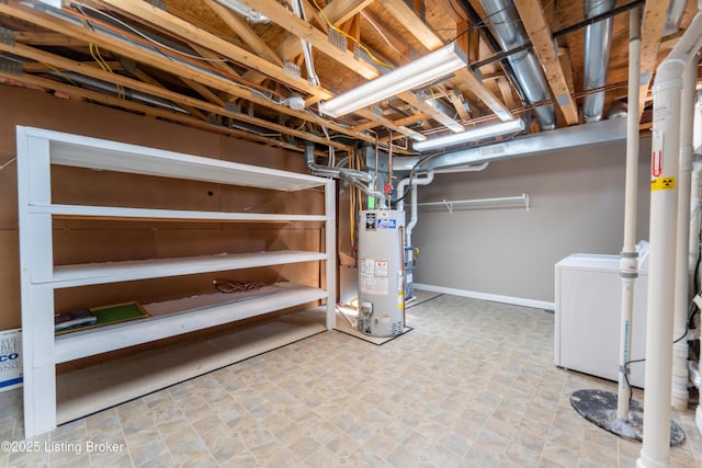 unfinished below grade area featuring water heater and washing machine and clothes dryer