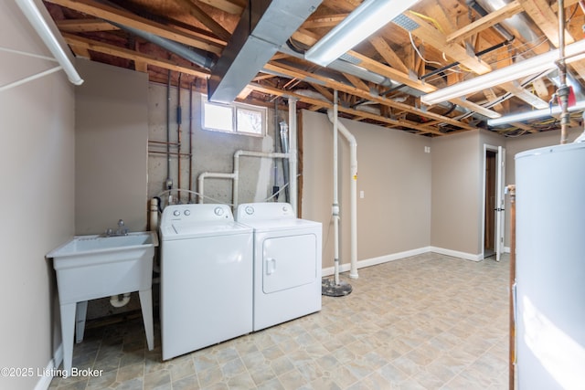 laundry area with laundry area, water heater, and washer and clothes dryer