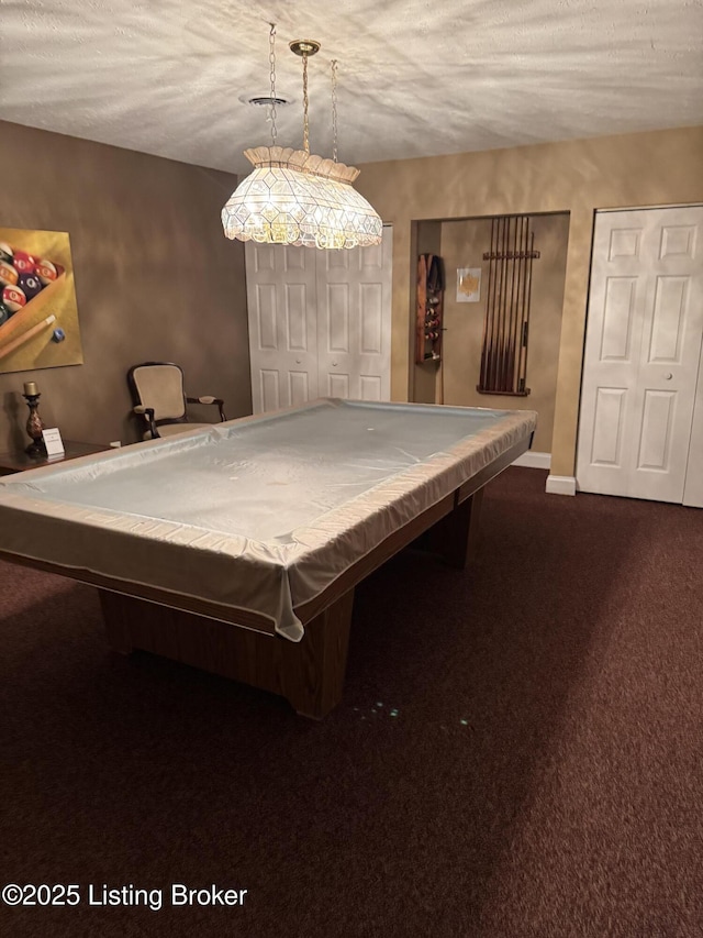 playroom with dark carpet, billiards, and baseboards