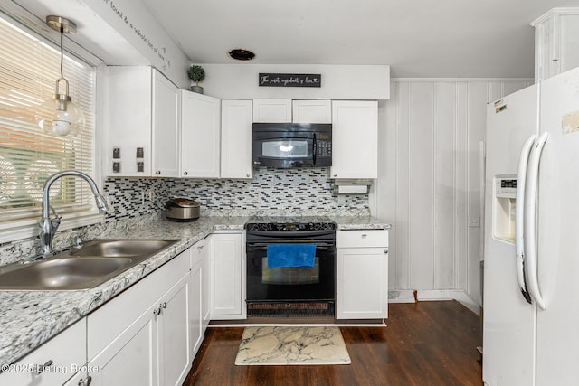 4805 Clarmar Rd, Louisville, KY 40299 - kitchen with dark wood-type flooring, decorative backsplash, white cabinets, black appliances, and a sink