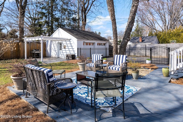 view of patio / terrace featuring area for grilling, an outdoor hangout area, fence, a pergola, and an outdoor structure