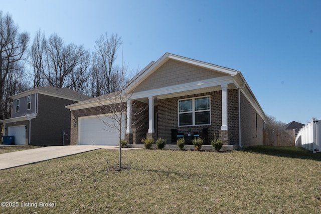 view of front of property featuring driveway, a garage, a porch, a front lawn, and brick siding