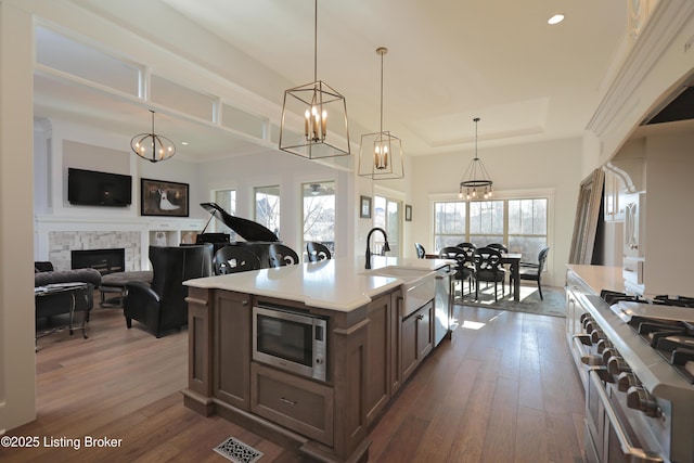 kitchen with a stone fireplace, appliances with stainless steel finishes, dark wood-style floors, and a sink