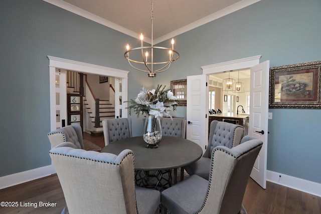 dining area featuring baseboards, a chandelier, stairway, ornamental molding, and dark wood-style flooring