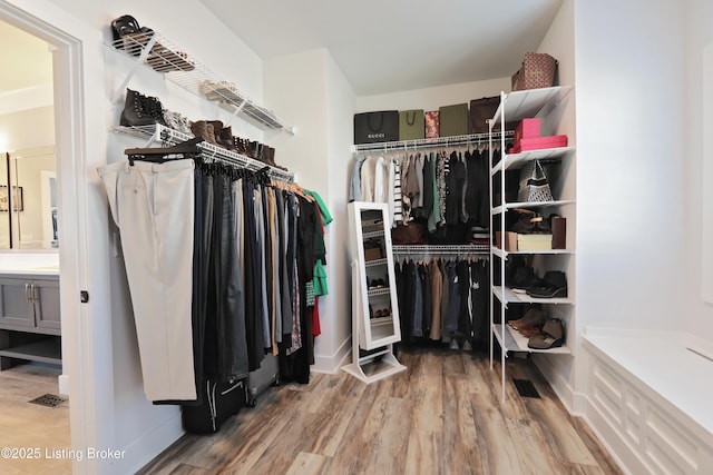 walk in closet with wood finished floors