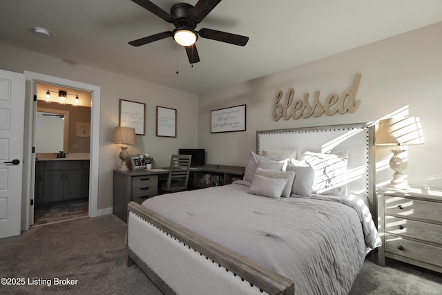 bedroom featuring a sink, ensuite bath, a ceiling fan, and carpet floors