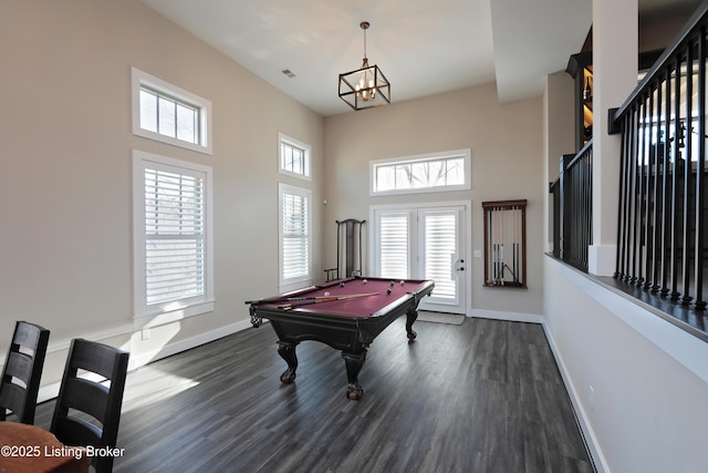 game room with visible vents, pool table, baseboards, a towering ceiling, and dark wood-style flooring