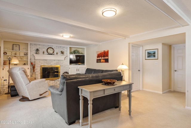 living room featuring light carpet, built in features, baseboards, a brick fireplace, and beamed ceiling