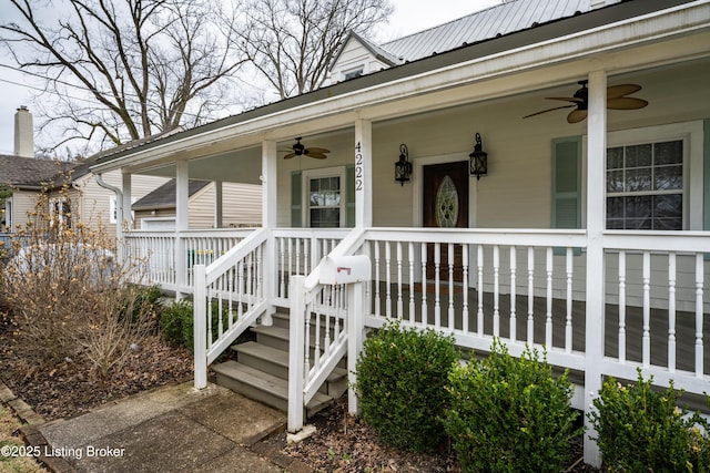 property entrance with metal roof, covered porch, and ceiling fan