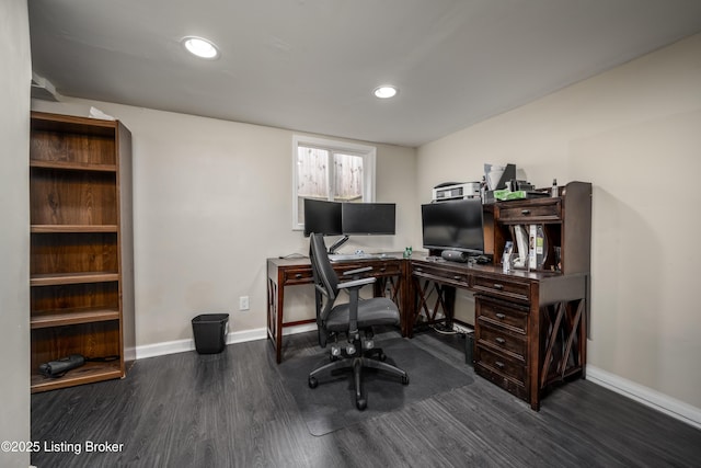 office area with recessed lighting, baseboards, and wood finished floors