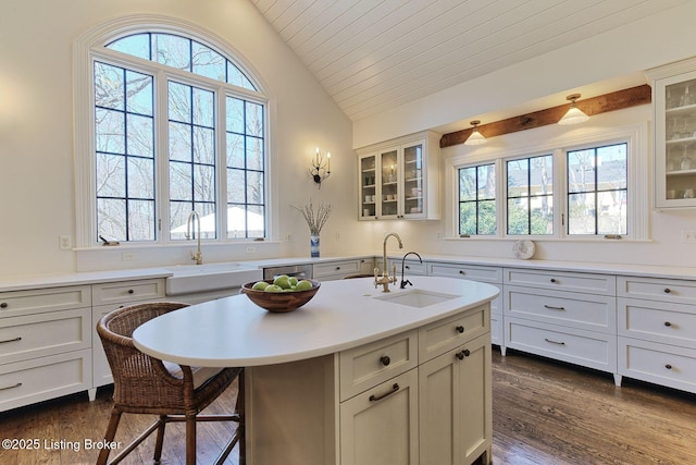 kitchen featuring dark wood-type flooring, light countertops, lofted ceiling, and a sink