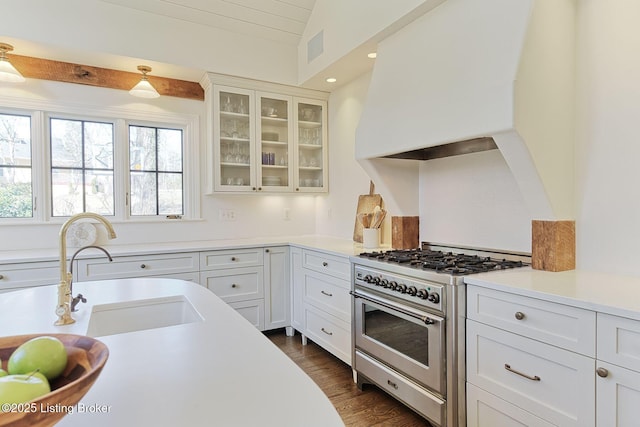 kitchen featuring glass insert cabinets, light countertops, dark wood-style floors, high end stainless steel range, and a sink