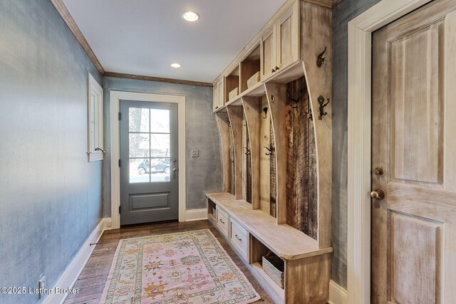 mudroom featuring crown molding, recessed lighting, baseboards, and dark wood-style flooring