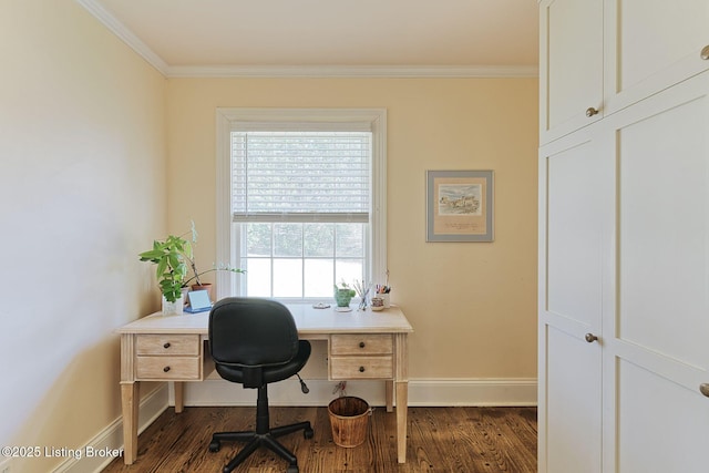 office area featuring crown molding, dark wood-style floors, and baseboards