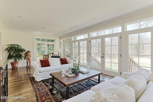 living area featuring wood finished floors, plenty of natural light, french doors, and ornamental molding