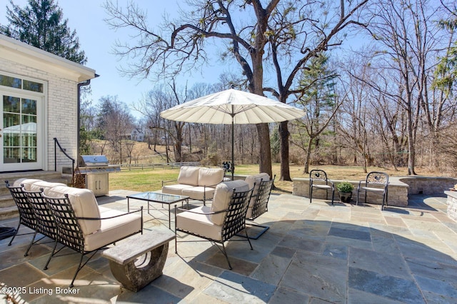 view of patio with an outdoor living space with a fire pit