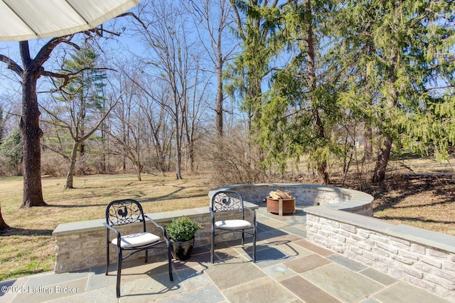 view of patio / terrace featuring an outdoor fire pit