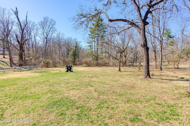 view of yard featuring a rural view and fence