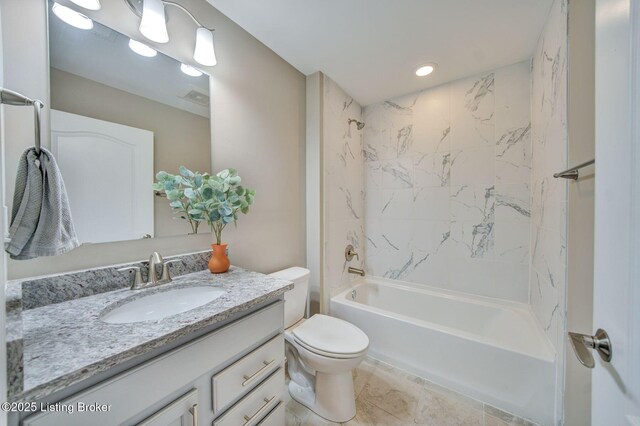 bathroom with toilet, bathing tub / shower combination, visible vents, and vanity