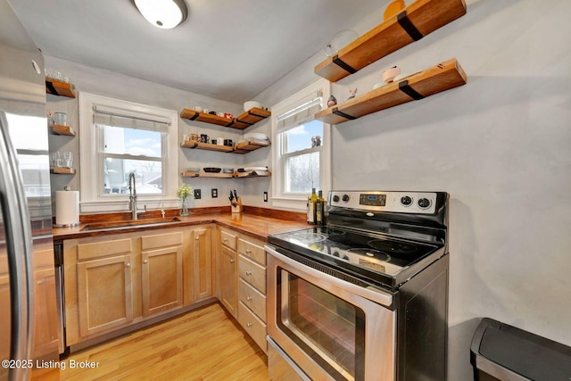 kitchen featuring electric range, open shelves, and a sink