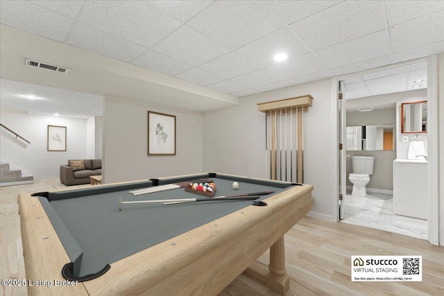 game room with baseboards, visible vents, a drop ceiling, wood finished floors, and pool table