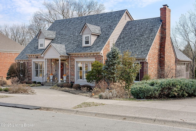 cape cod home featuring brick siding, a chimney, and roof with shingles