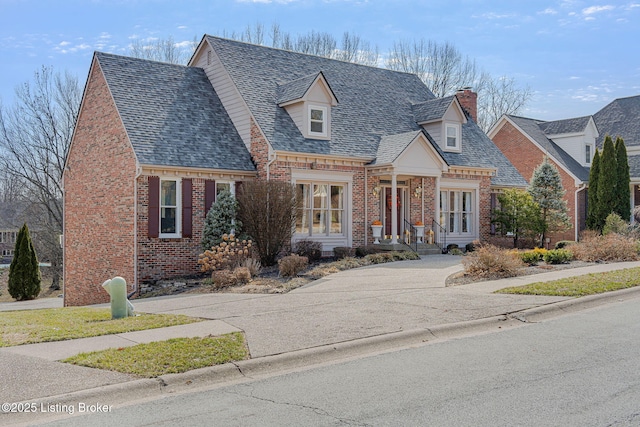 view of front of house featuring aphalt driveway, brick siding, and roof with shingles