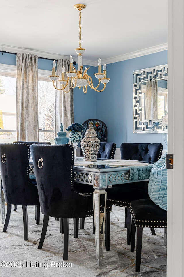 dining area with carpet floors, a healthy amount of sunlight, and ornamental molding