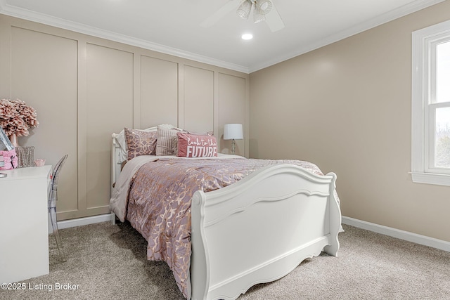 bedroom with ornamental molding, light carpet, and multiple windows