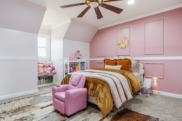 carpeted bedroom featuring ceiling fan, a decorative wall, recessed lighting, baseboards, and ornamental molding