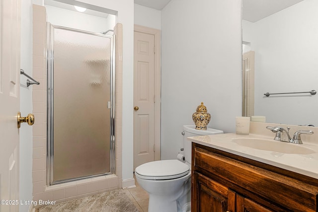 full bath featuring toilet, a stall shower, vanity, and tile patterned floors