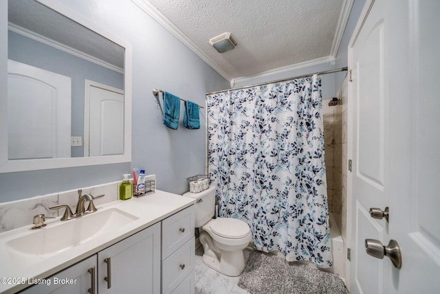 bathroom with a textured ceiling, ornamental molding, vanity, and toilet