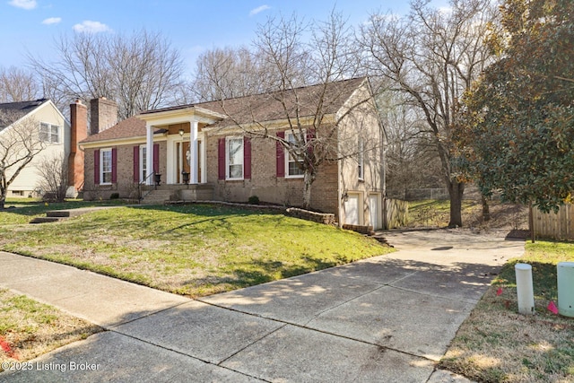 view of front of house featuring brick siding, a shingled roof, concrete driveway, a garage, and a front lawn