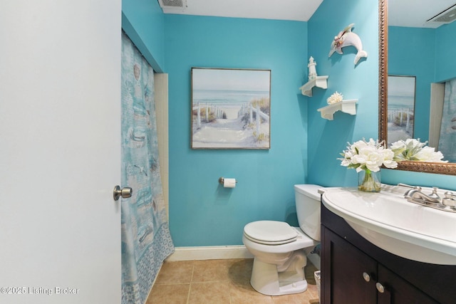 bathroom with baseboards, visible vents, toilet, tile patterned floors, and vanity