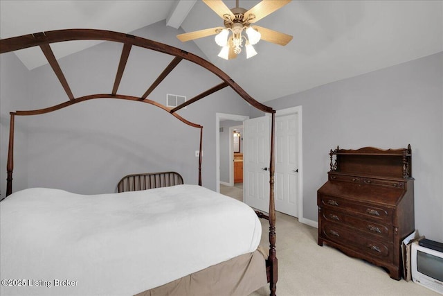 bedroom with lofted ceiling with beams, ceiling fan, light carpet, and visible vents