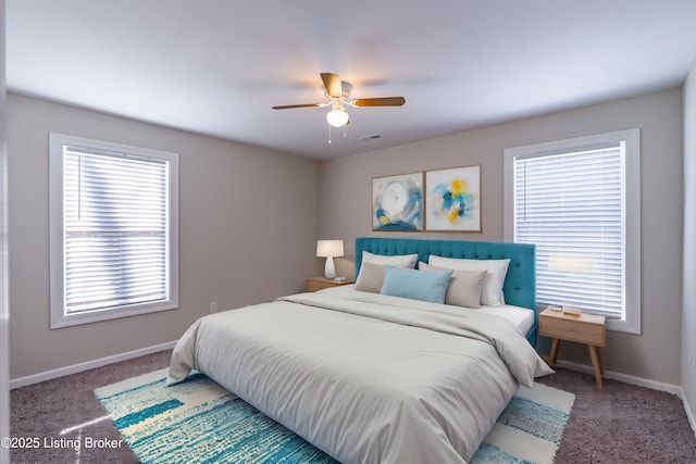 bedroom featuring carpet, baseboards, visible vents, and a ceiling fan