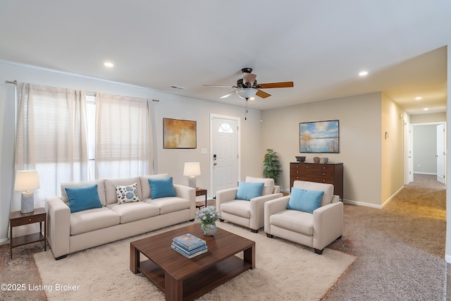 carpeted living room featuring ceiling fan, recessed lighting, and baseboards