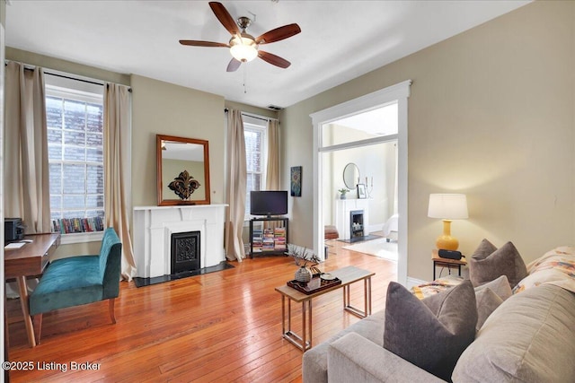 living room featuring baseboards, light wood-type flooring, a fireplace, and a healthy amount of sunlight