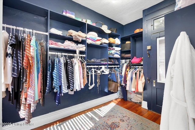 walk in closet with wood finished floors