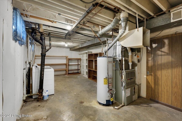 unfinished basement with independent washer and dryer, gas water heater, and visible vents