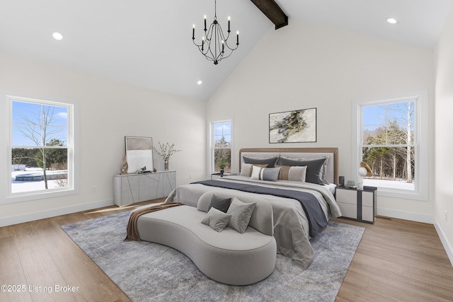 bedroom featuring recessed lighting, light wood-style floors, high vaulted ceiling, beamed ceiling, and baseboards