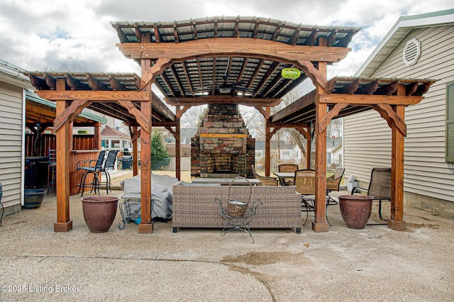 view of patio / terrace featuring outdoor dining space, grilling area, an outdoor living space with a fireplace, and a pergola